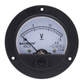 Black analog panel voltmeter with V scale and screw terminals on round face