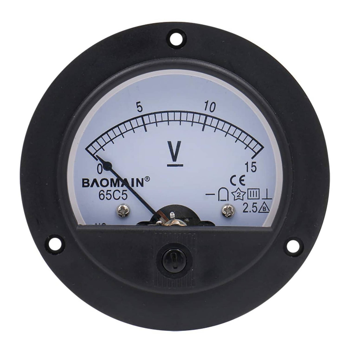 Black analog panel voltmeter with V scale and screw terminals on round face