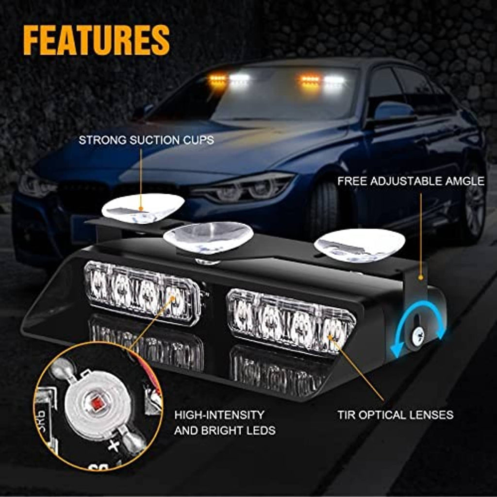 Black dash strobe light bar with amber and white LED arrays and clear lens heads