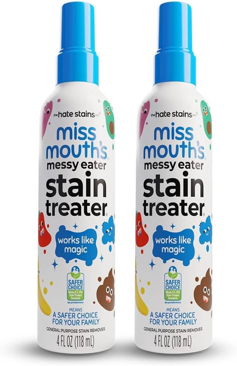Miss Mouth's messy eater stain treater spray bottles, 2-pack with blue caps