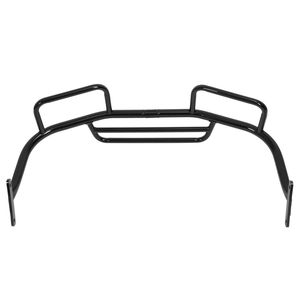 Black steel brush guard showing end hoops, lower guard grid, and side mounting tabs