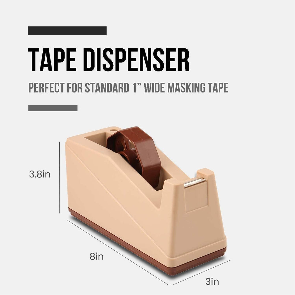 Beige desktop tape dispenser with brown tape roll, front 3/4 view