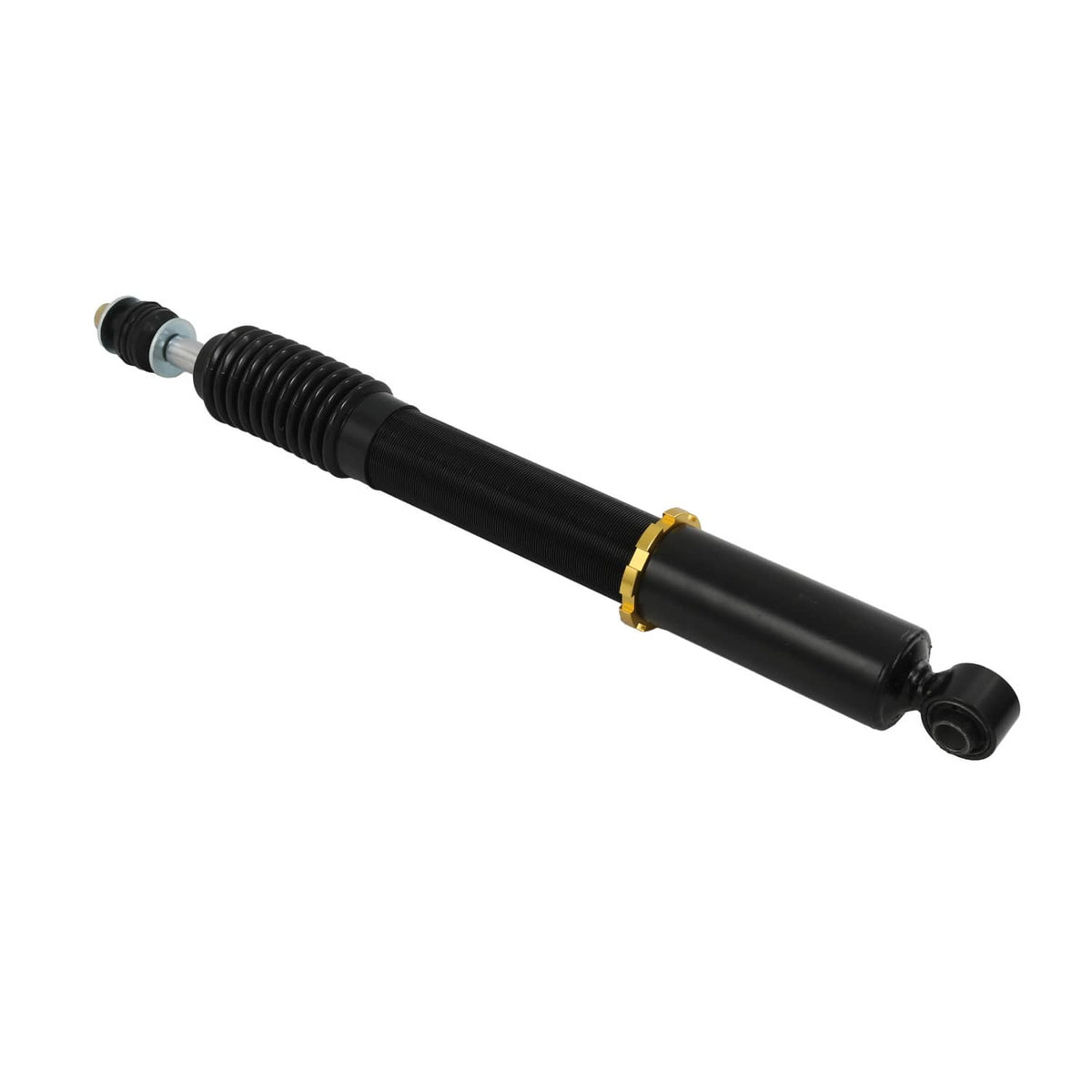 Adjustable coilover shock absorber with black body and gold ring clamp