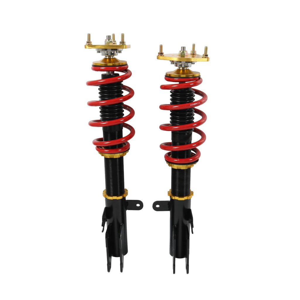 Pair of coilover suspension struts with red coil springs, black shocks, gold tops