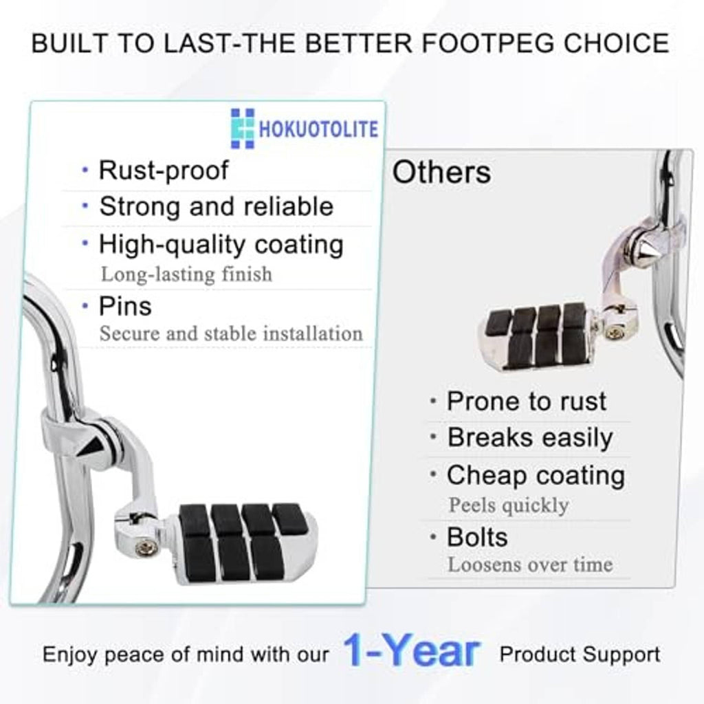 Pair of chrome foot pegs with black rubber block pads and secure mounting pins
