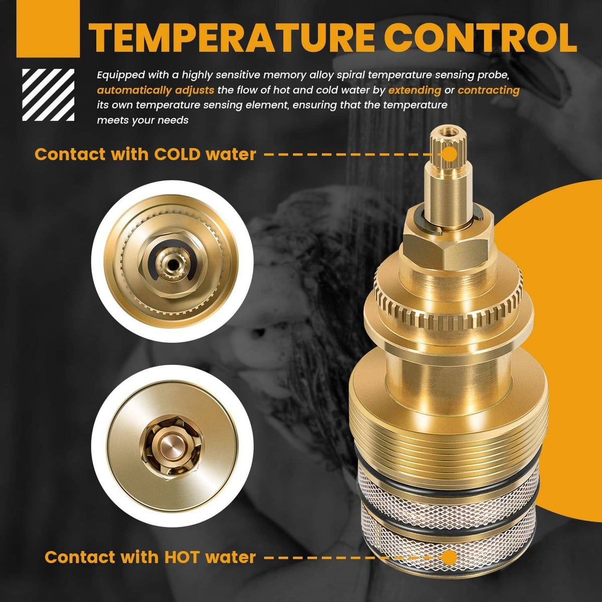 Gold thermostatic temperature control valve cartridge with circular faceplate and stem