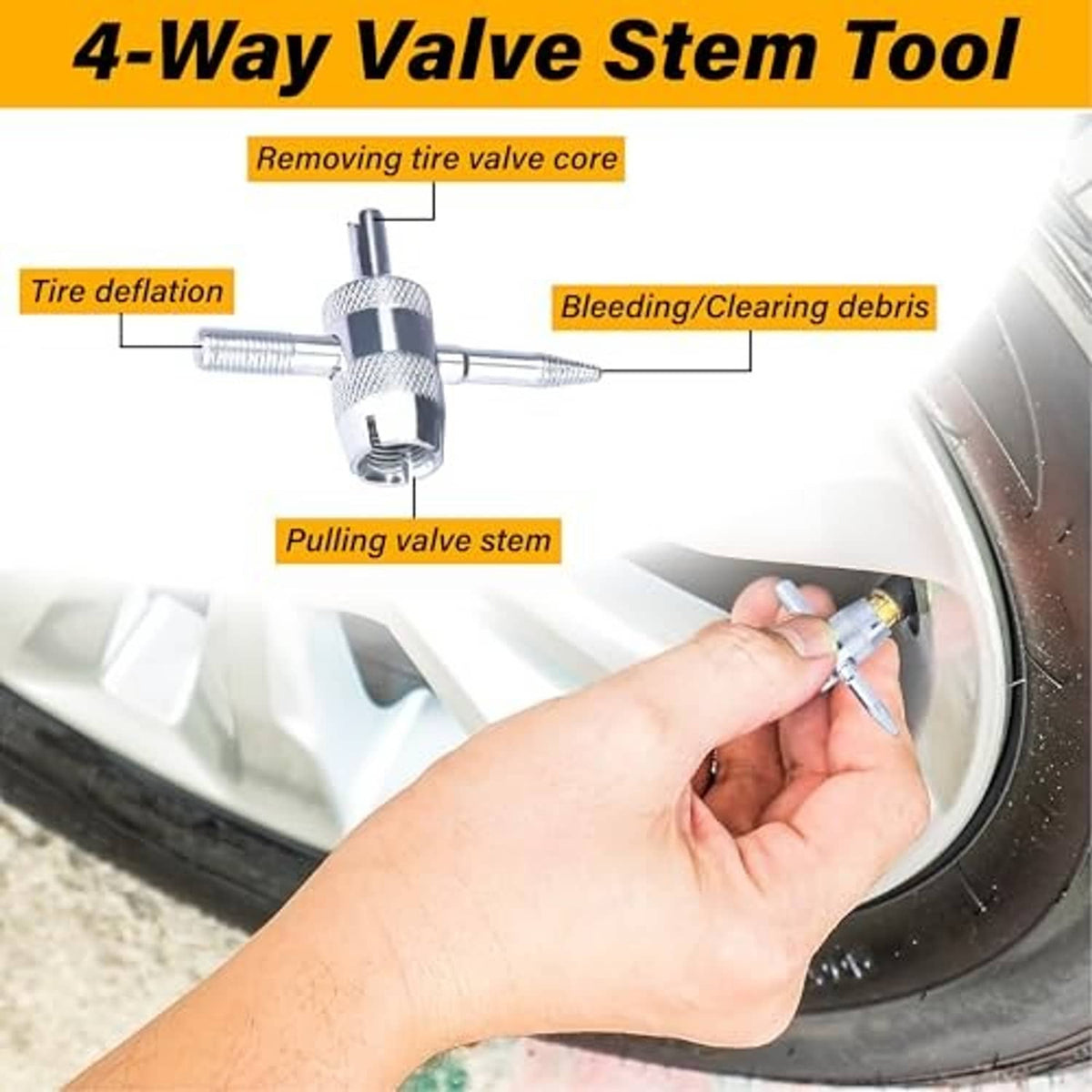 4-way valve stem tool with metal head and red handle used on a tire valve