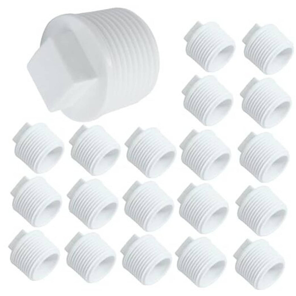 White PVC male threaded pipe end cap plugs, 3/4 inch, 20-pack