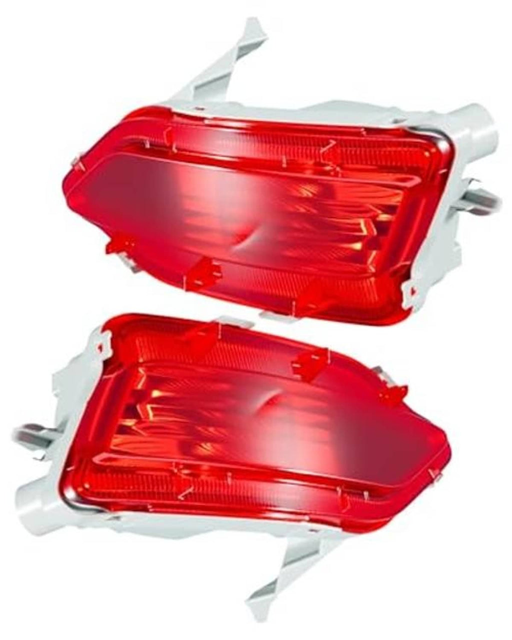 Pair of red rear reflector lamps with clear ribbed lenses and white mounting housings