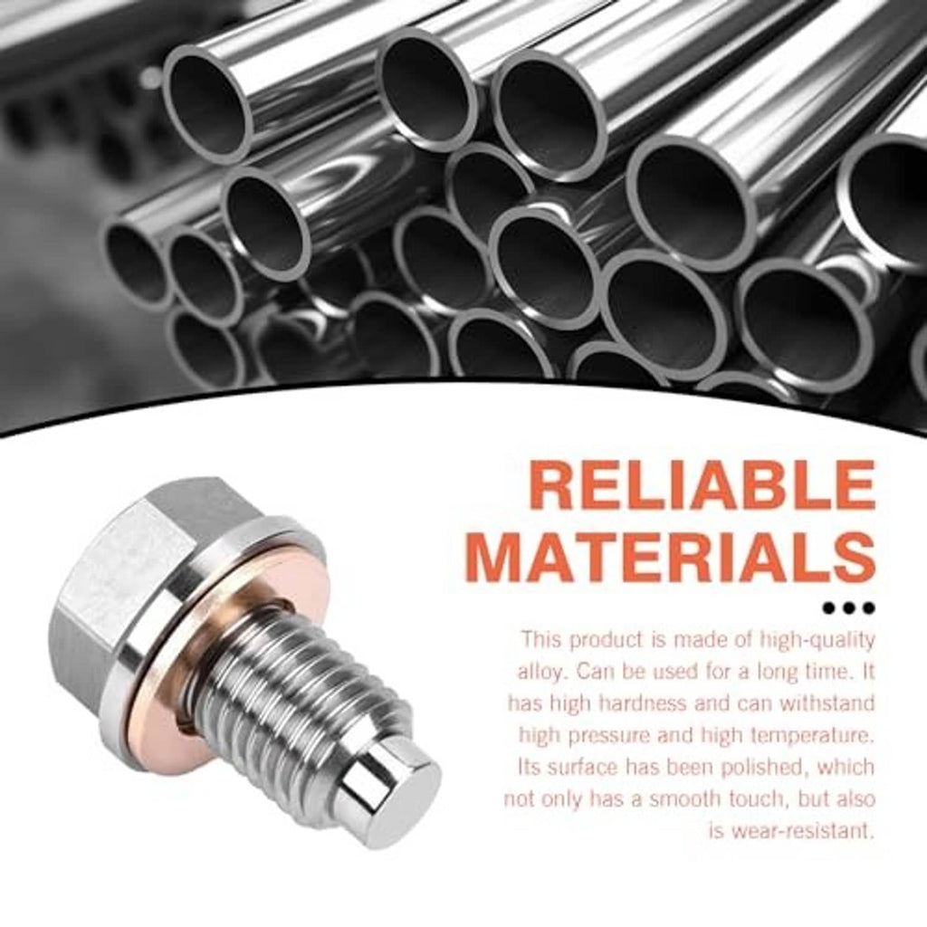Close-up of magnetic oil drain plug with chrome finish and threaded grooves