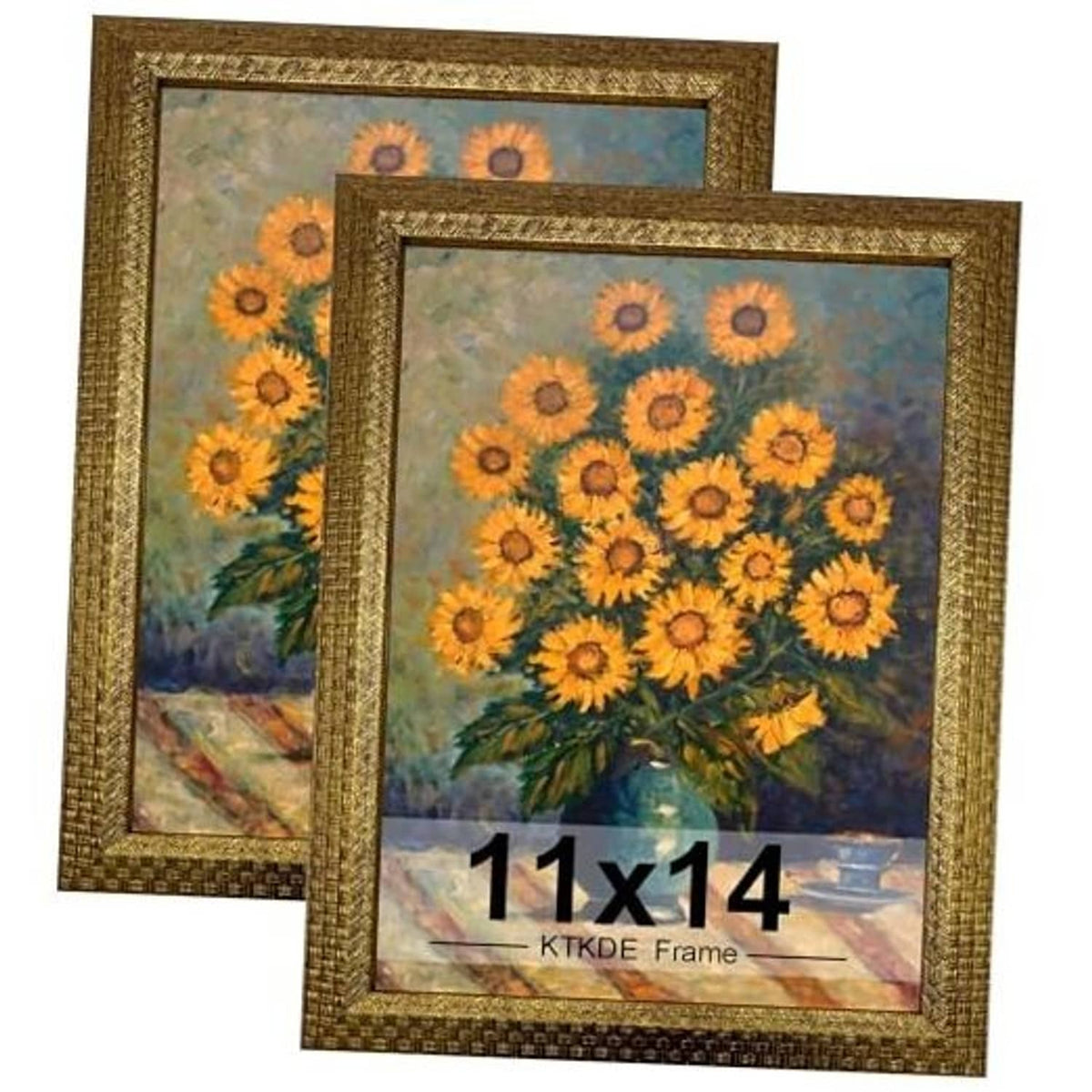 Set of 2 ornate vintage gold photo frames, 11x14, with sunflower artwork inserts