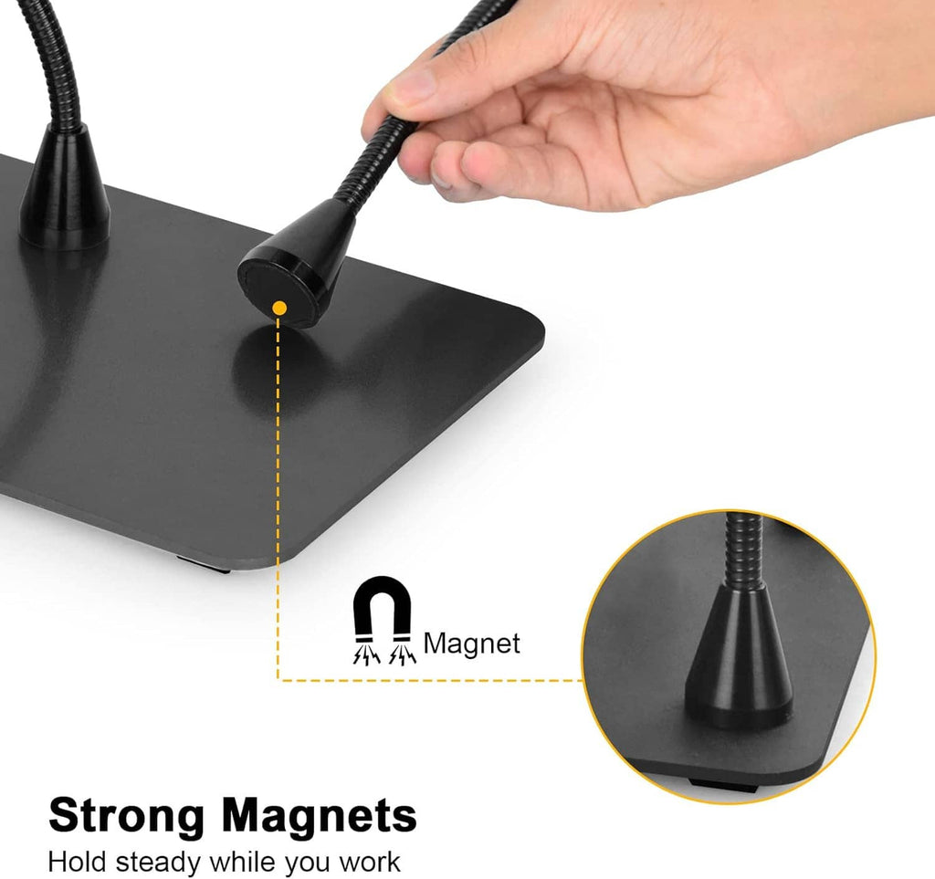 Magnetic base with strong magnets and rubber feet; hand grips the third-hand stand