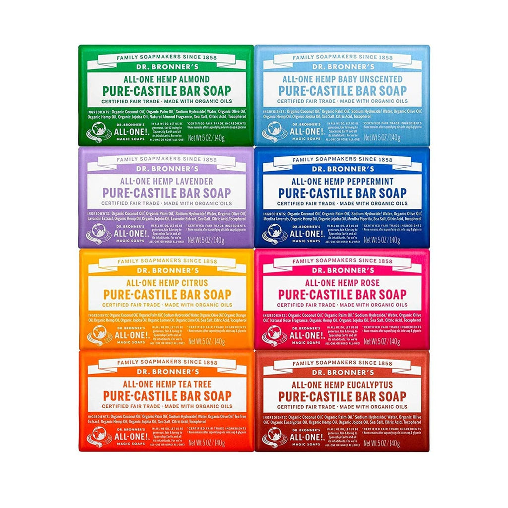 Stack of Dr. Bronner's Pure-Castile bar soaps in assorted colors