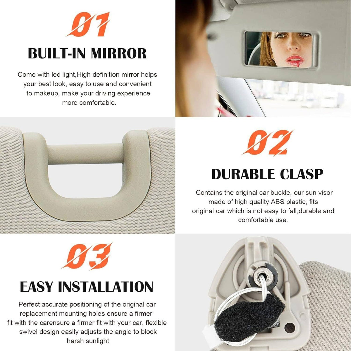 Gray sun visor with built-in mirror and lamp features (product detail collage)