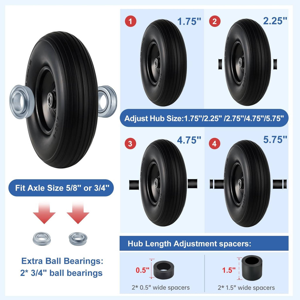 Flat-free wheel tire with hub length adjustment and axle fit sizes