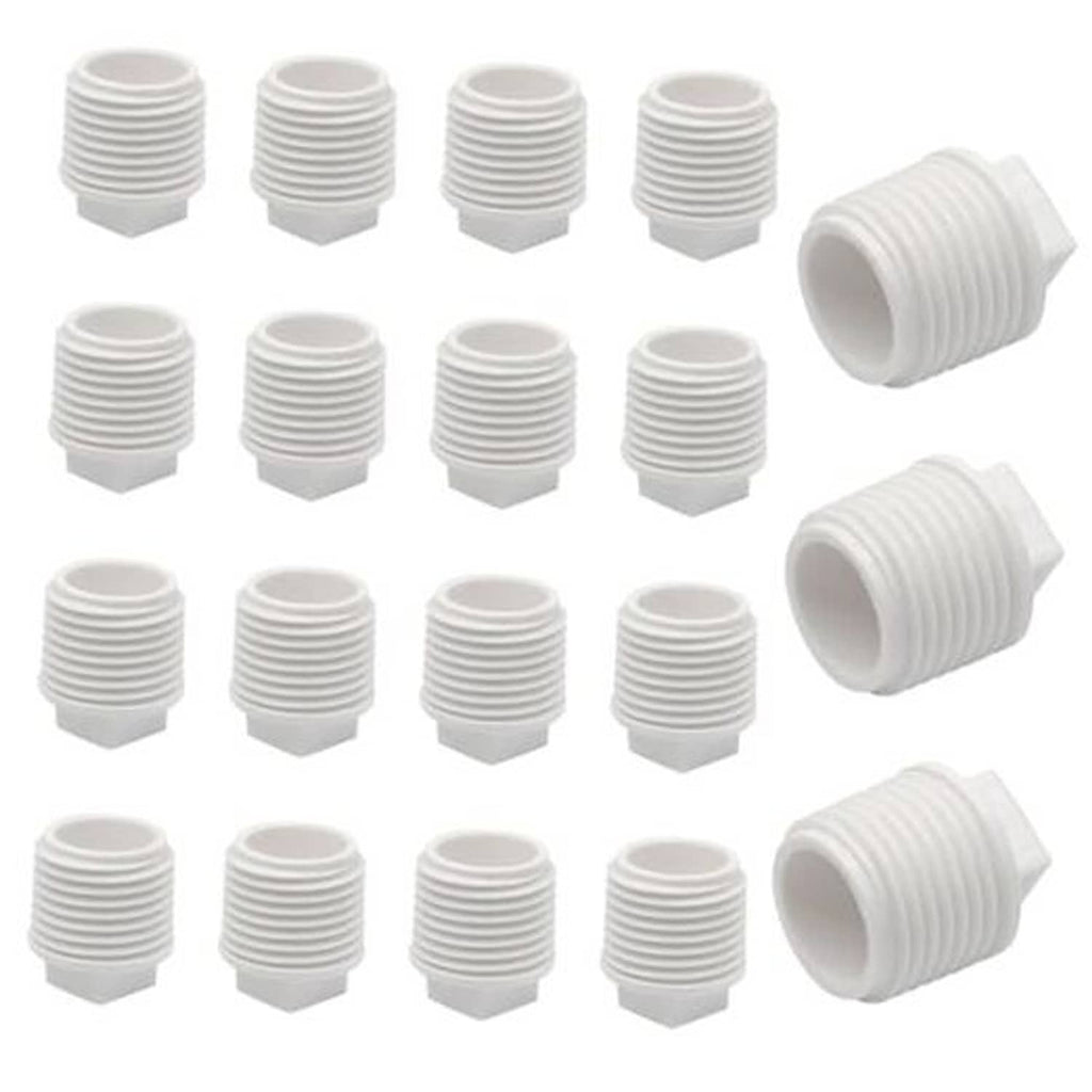 Set of white PVC male threaded pipe end caps, 1/2 inch, ribbed plug pieces
