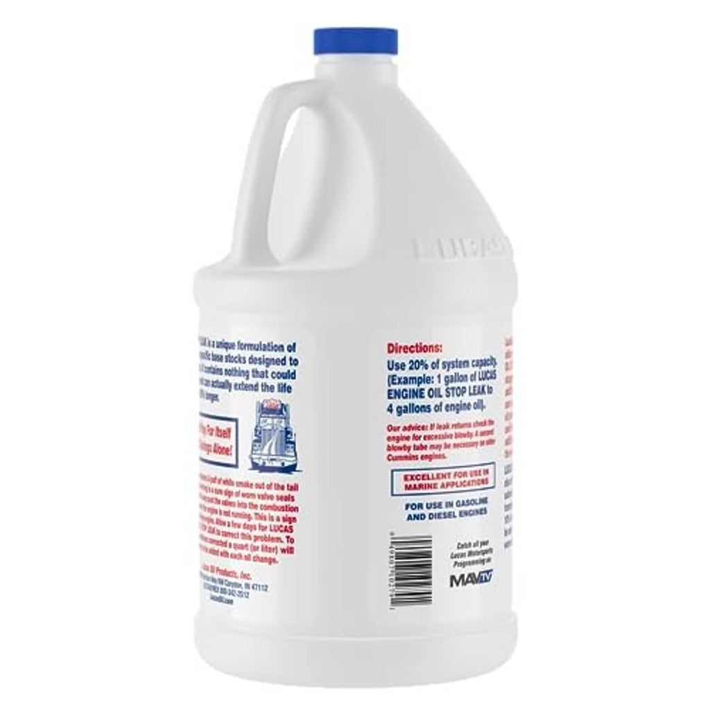 Lucas Oil engine oil stop leak bottle, back label with directions and barcode