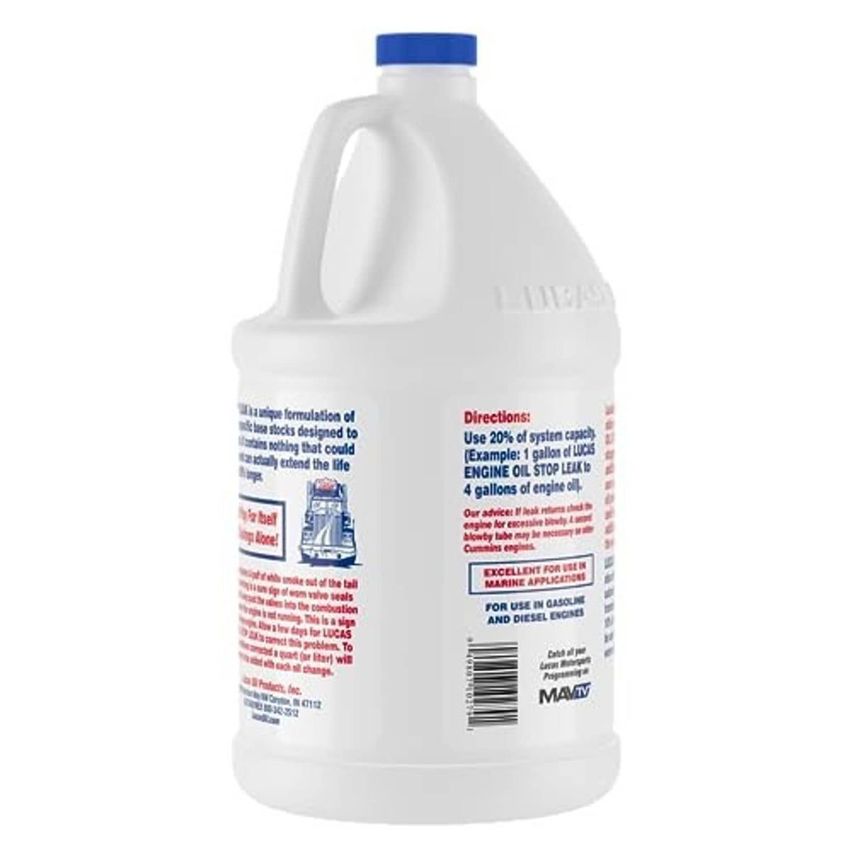 Lucas Oil engine oil stop leak bottle, back label with directions and barcode