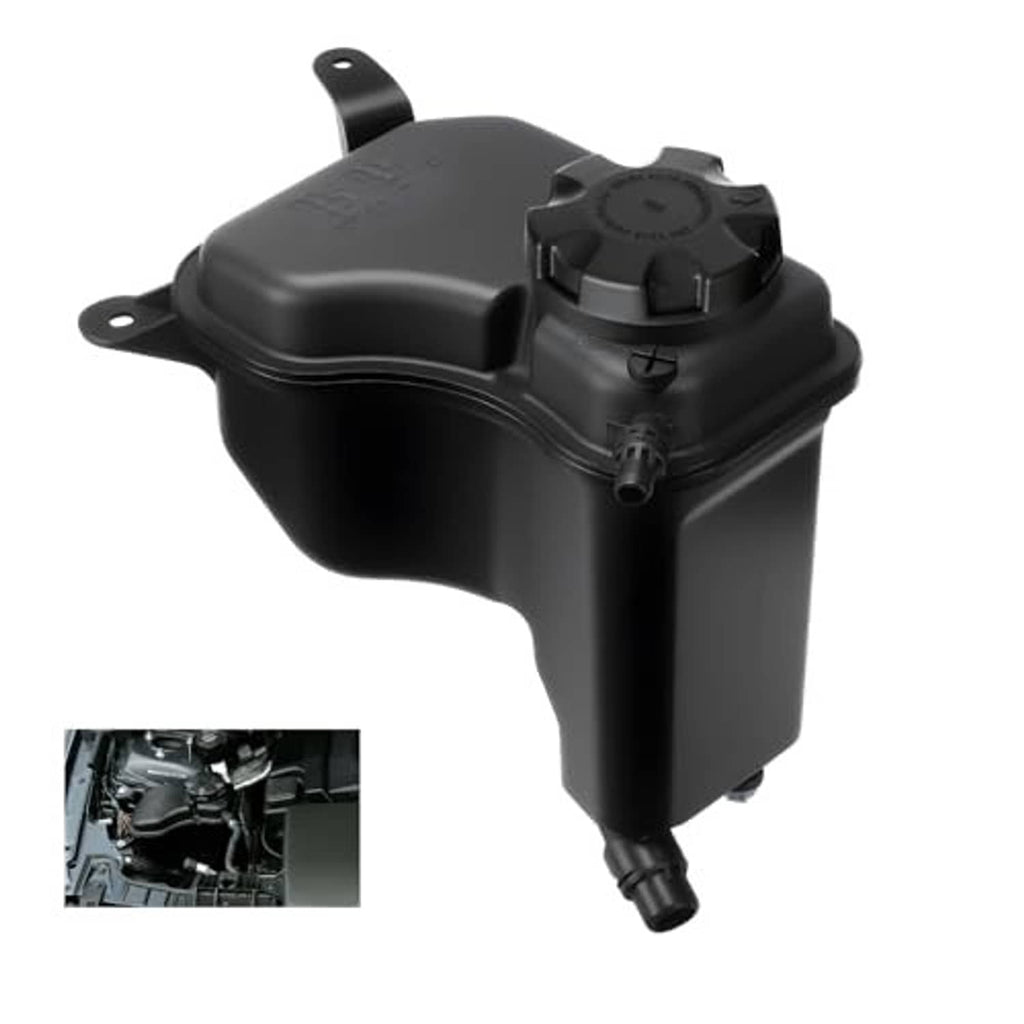 Black coolant expansion reservoir tank with sensor module and twist cap, side view