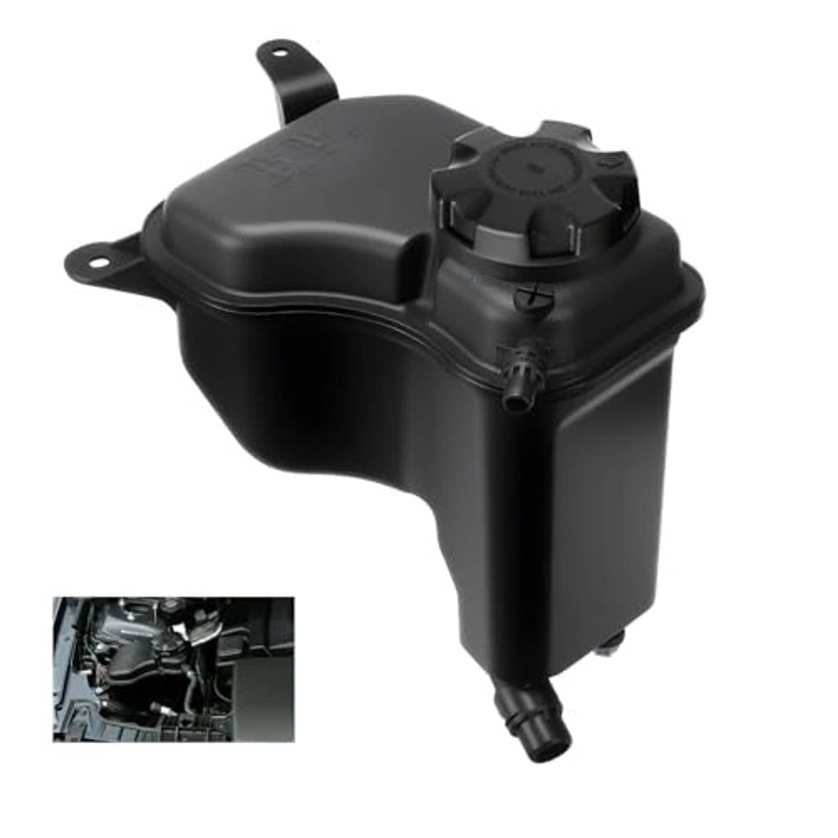 Black coolant expansion reservoir tank with sensor module and twist cap, side view