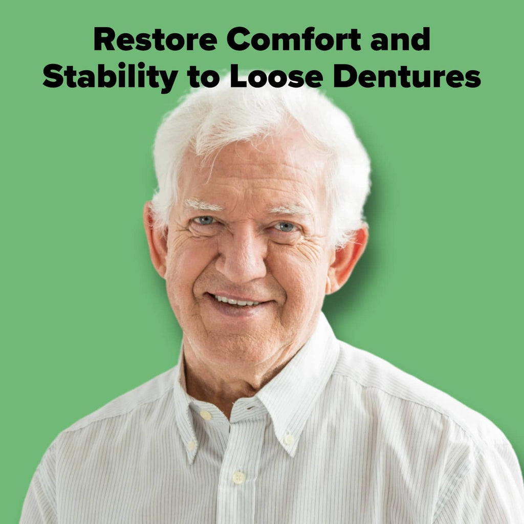 Senior man promoting Dentemp reline-it for comfort and stability to loose dentures