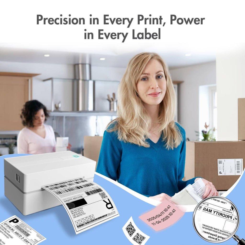 White thermal label printer with a 4x6 shipping label feeding out