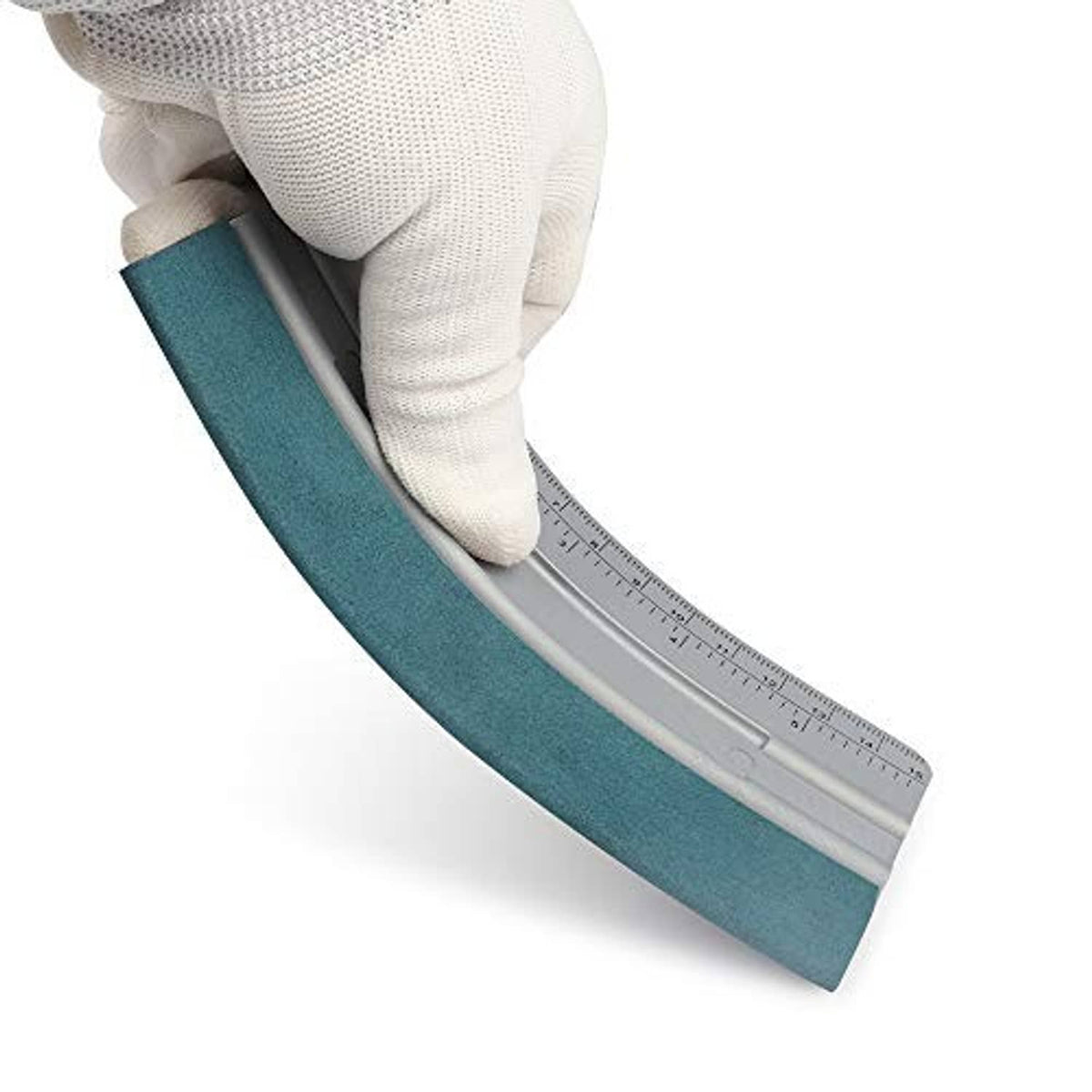 Vinyl wrap squeegee tool with teal edge pad and molded gray ruler