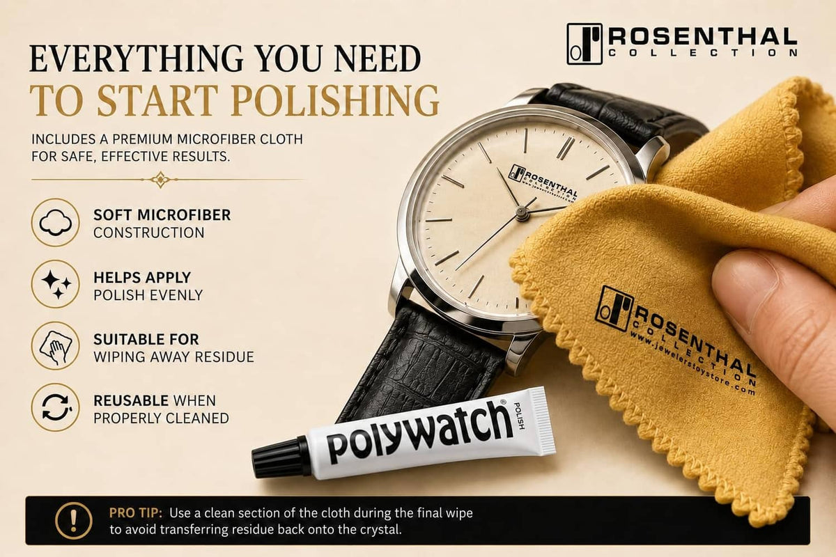 PolyWatch polishing cloth and tube for removing light watch crystal scratches
