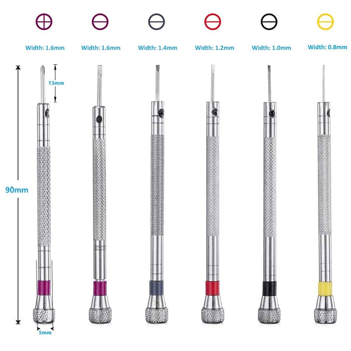 Six micro precision screwdrivers with textured silver handles and colored end bands