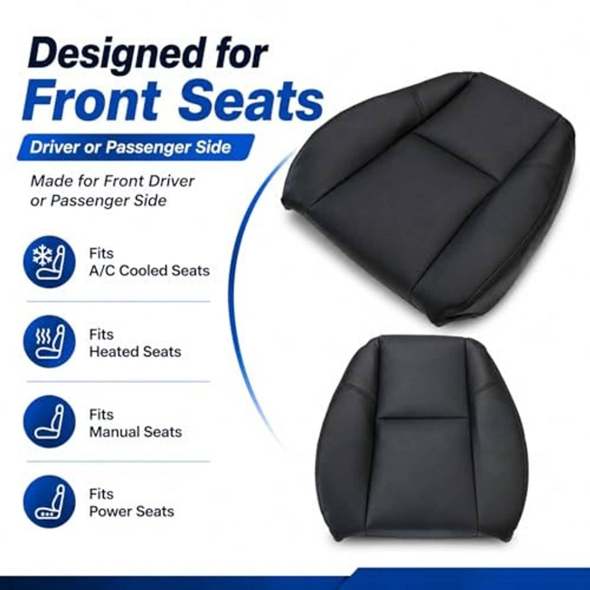Black leather-look front seat cover with layered padding and stitched contours