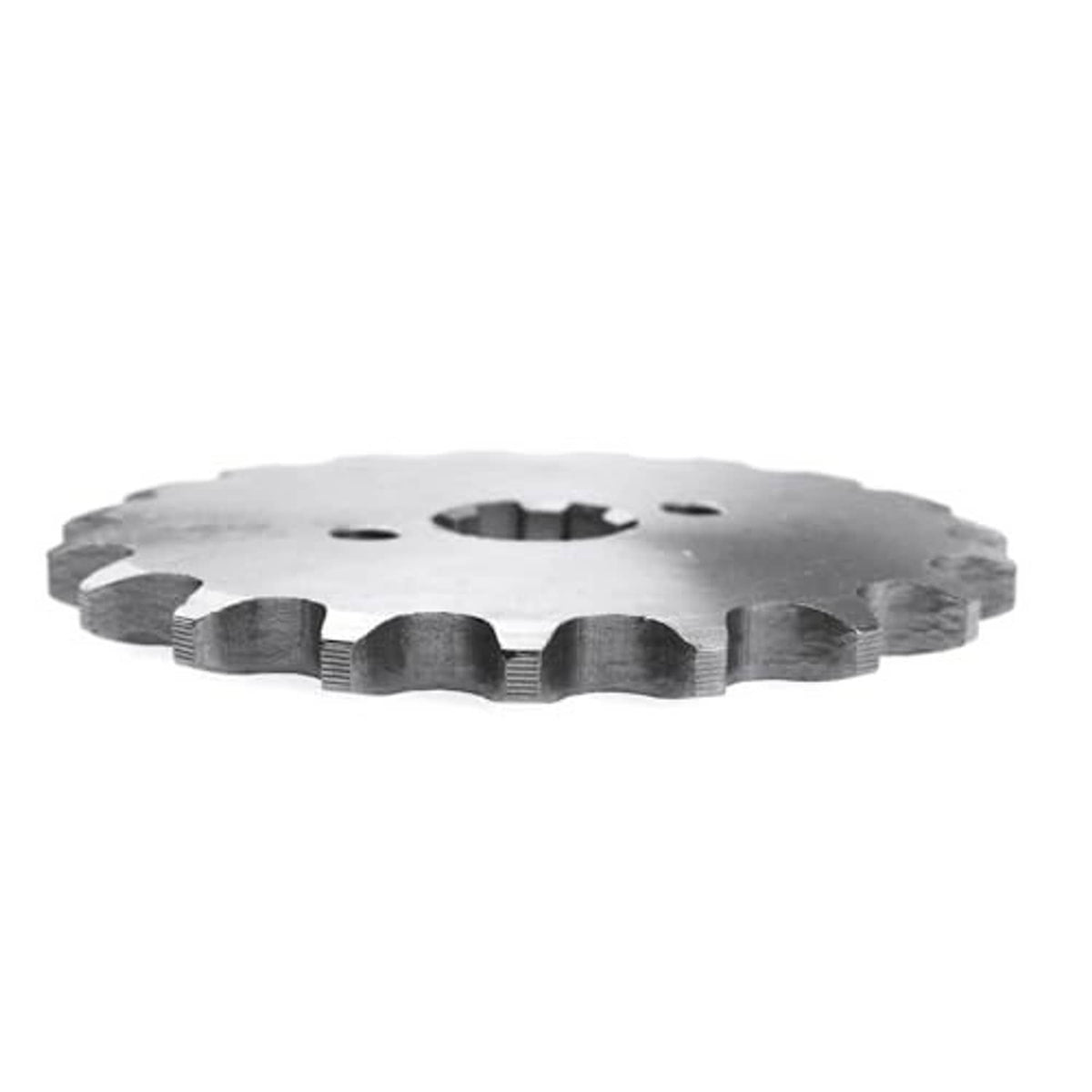 Side view of silver 420-19T motorcycle sprocket with teeth and mounting holes