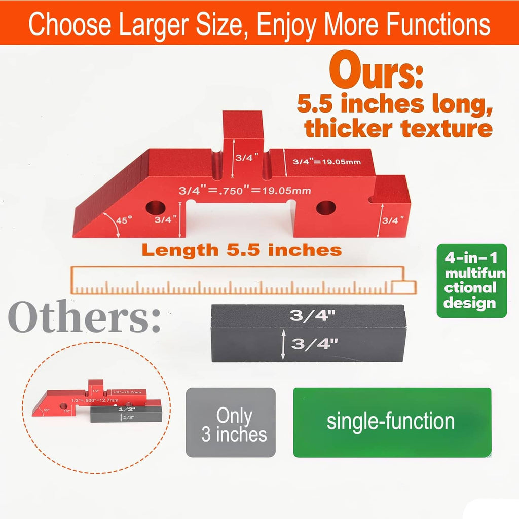 Red aluminum setup block showing 4-in-1 multi-function design and circular holes