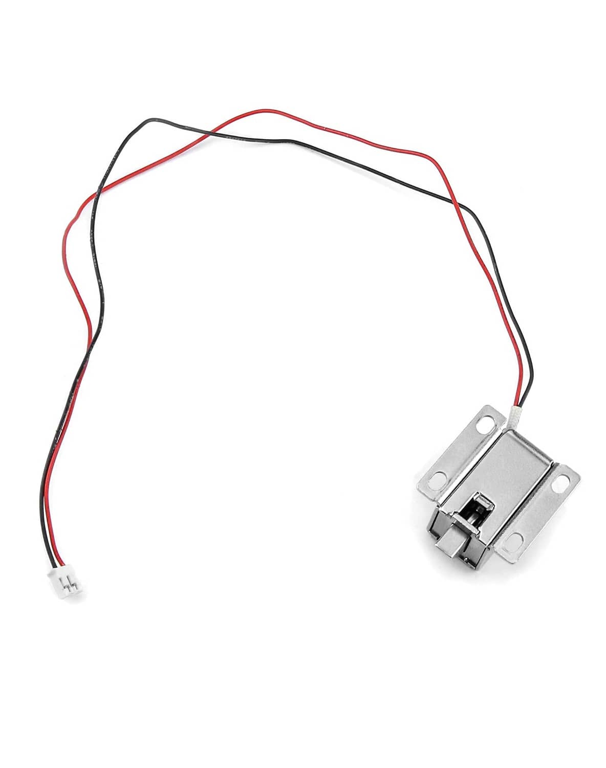 Single mini electromagnetic solenoid lock with attached cable and two-wire connector.