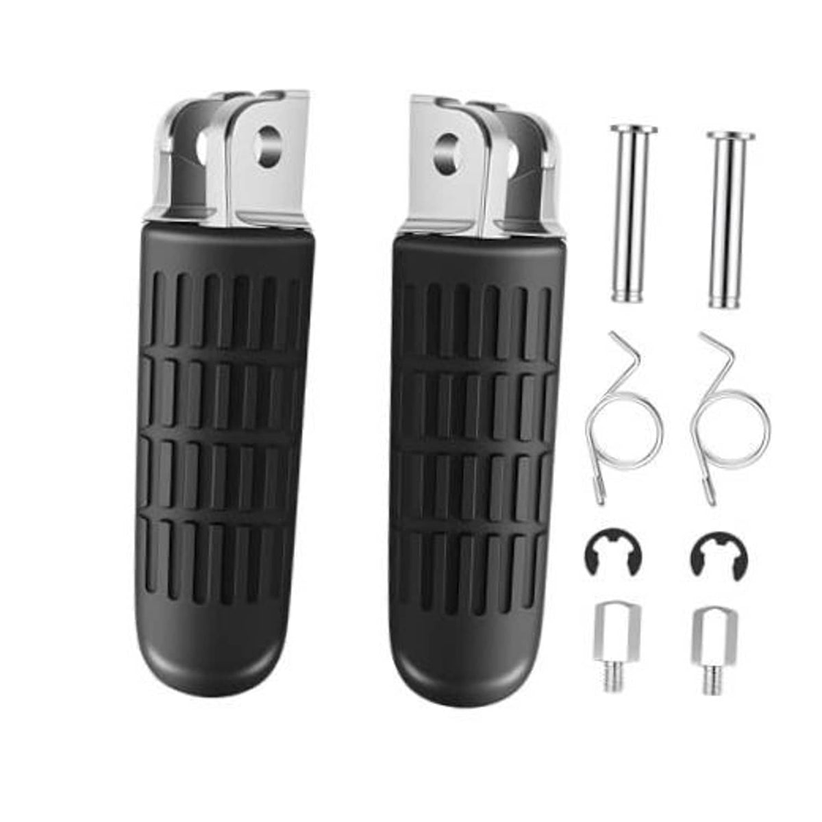 Motorcycle foot pegs: black rubber grips, silver brackets, included mounting hardware