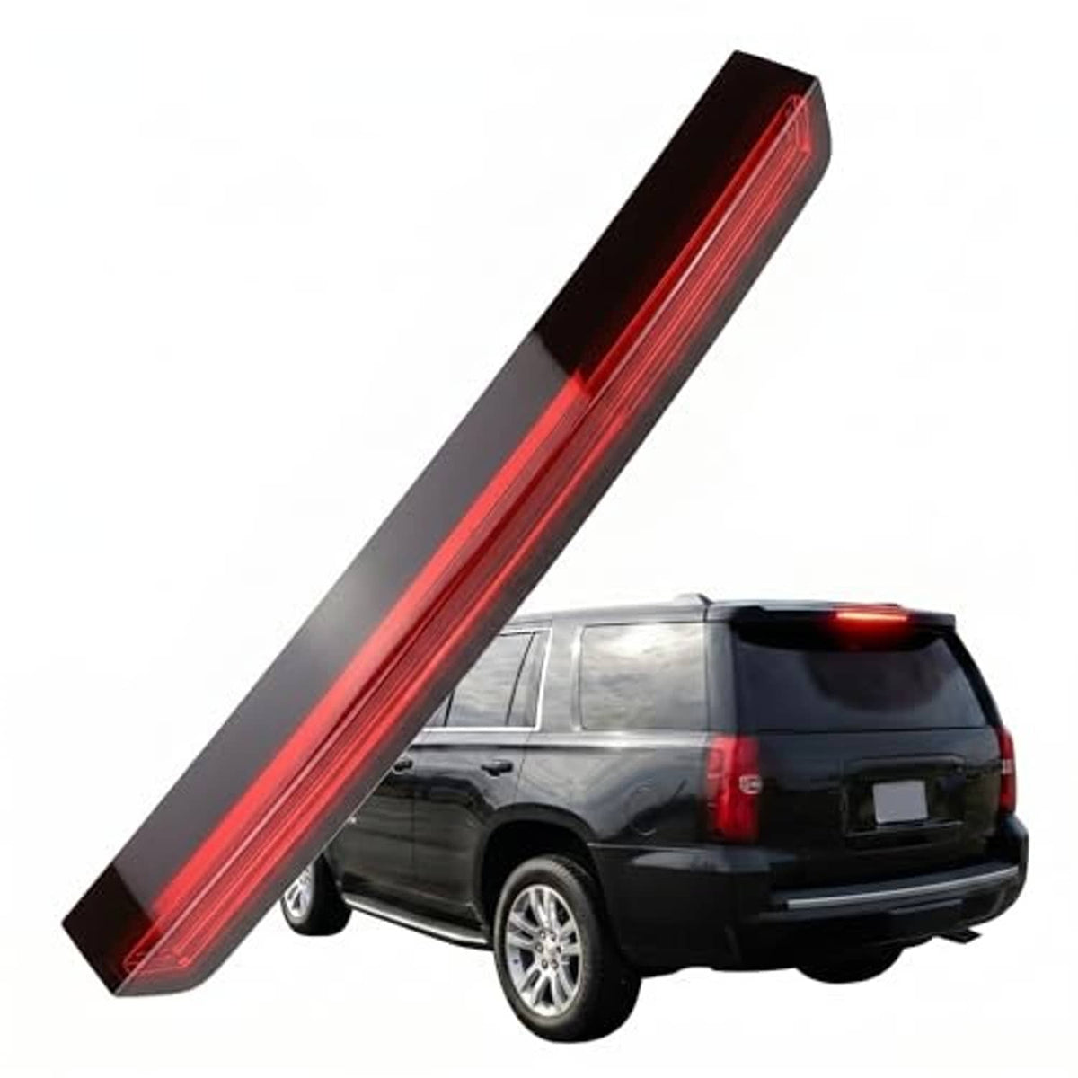 LED third brake light strip with black housing, shown angled with red illumination