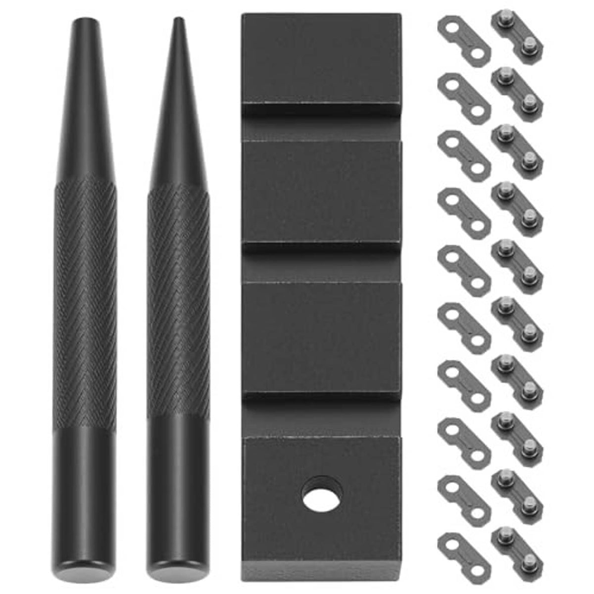 Chain repair joiner kit with two black breaker pins, connector bar, and bolt links