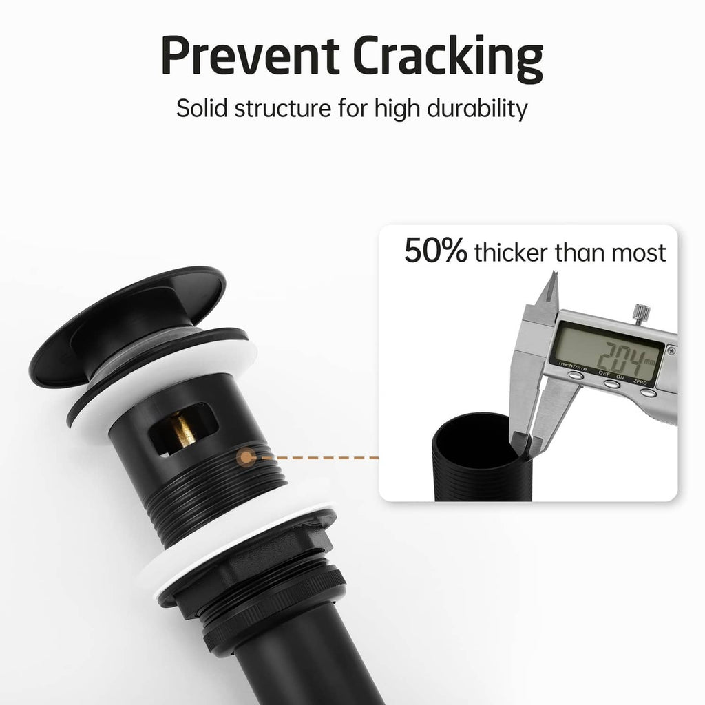 Black pop-up drain body with overflow cap and seal, crack-resistant design