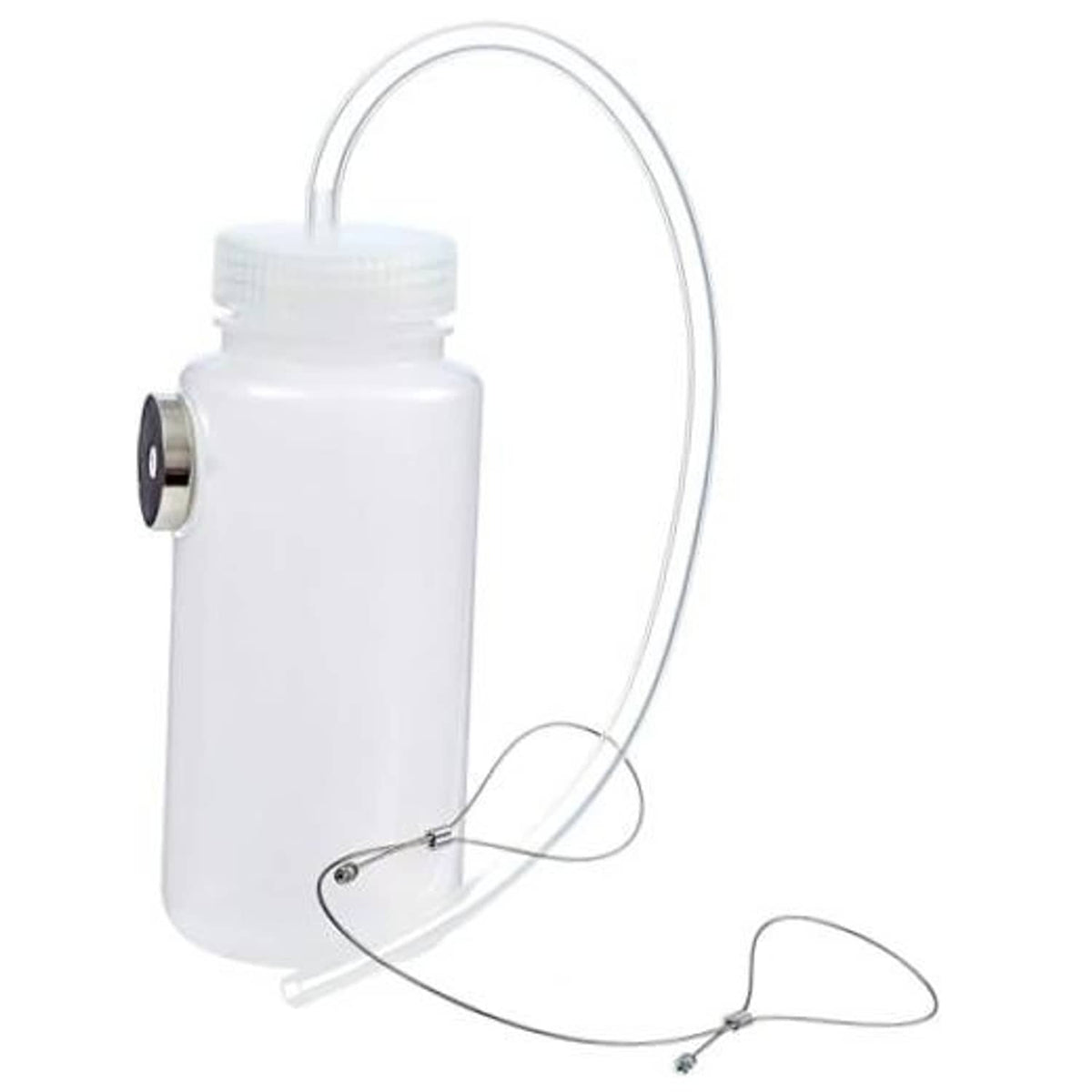 White brake fluid bleeder bottle with clear flexible tube and metal valve fitting