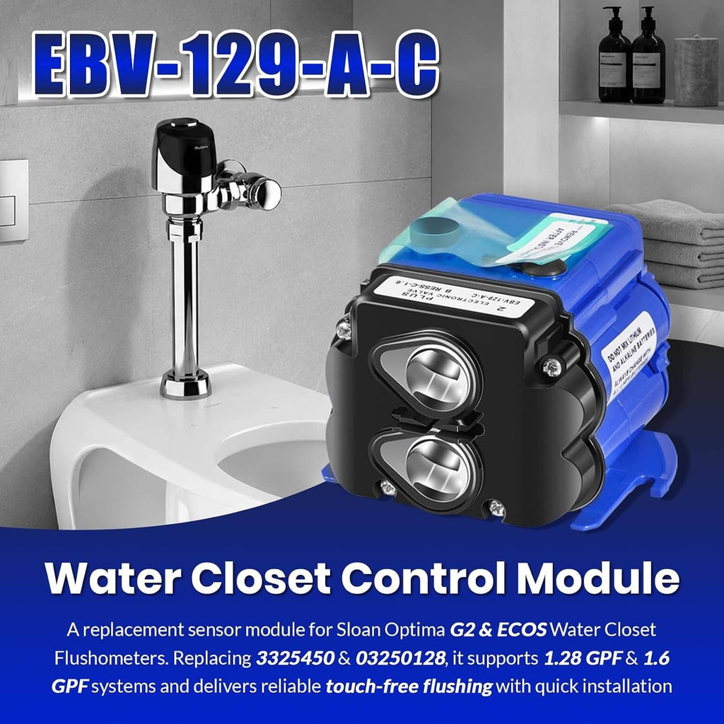 Toilet water closet control module with black dual-sensor face and blue body