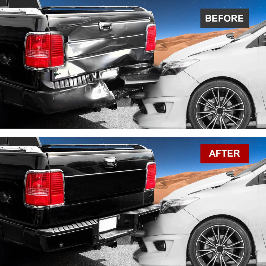 Black rear step bumper installed, showing textured step and mounting hardware