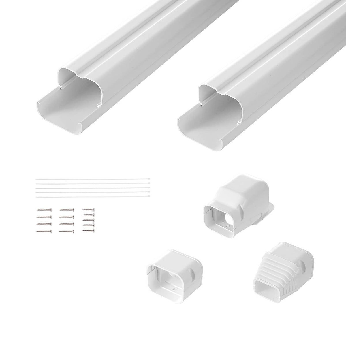 White PVC mini split line set cover kit: two covers, end caps, connectors, screws