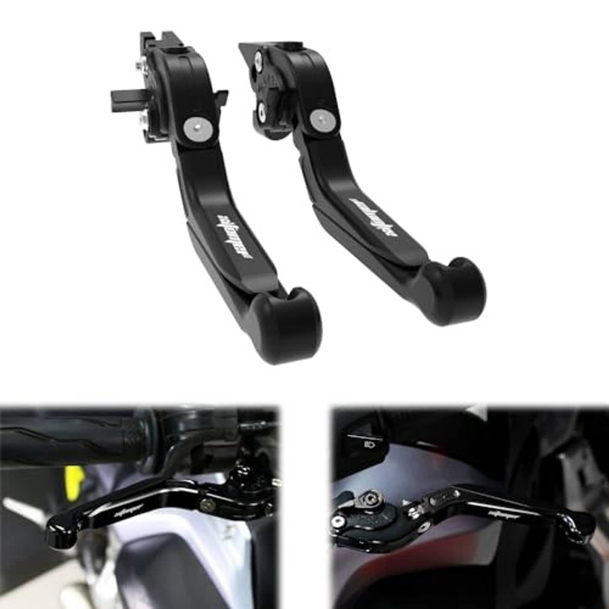 Black adjustable motorcycle brake and clutch levers set with silver mounting screws