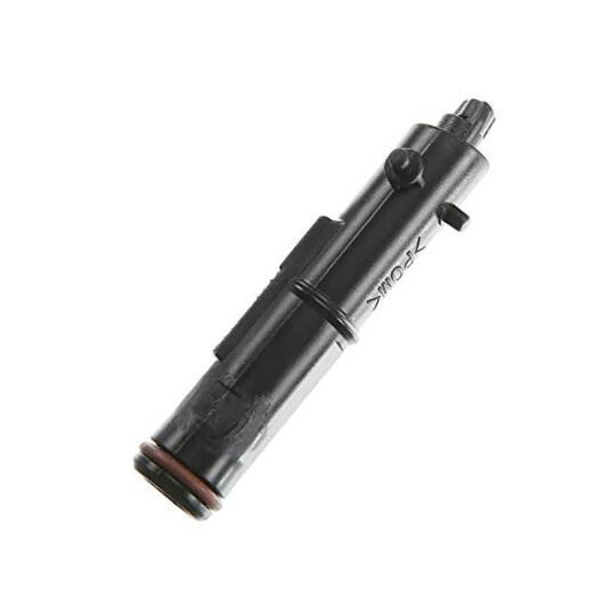 Front passenger-side headlight washer nozzle, black plastic with side hose ports