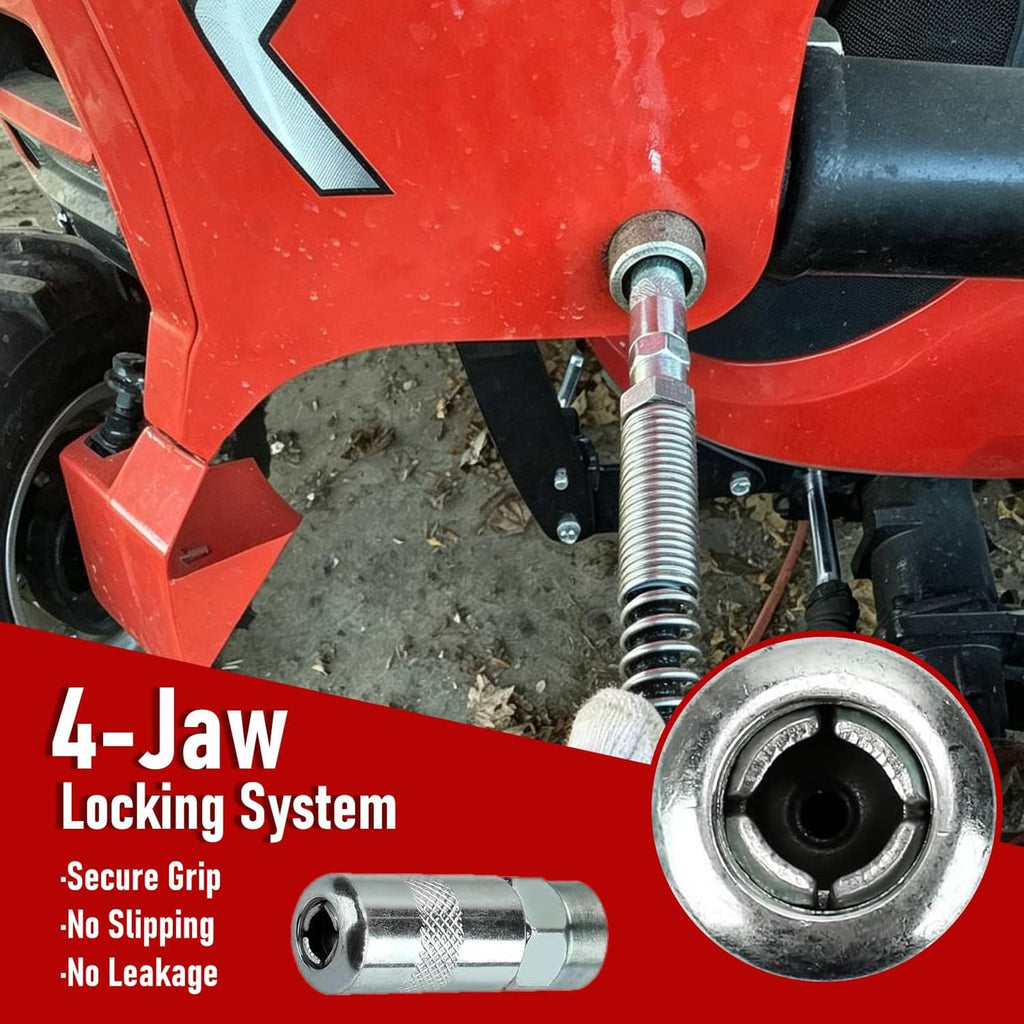 Steel 1/8 NPT grease gun coupler tip locked on coupler fitting with hex connection