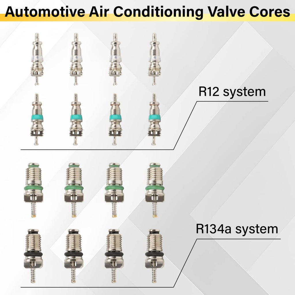 Automotive AC valve core set with green rubber seals, multiple Schrader cores