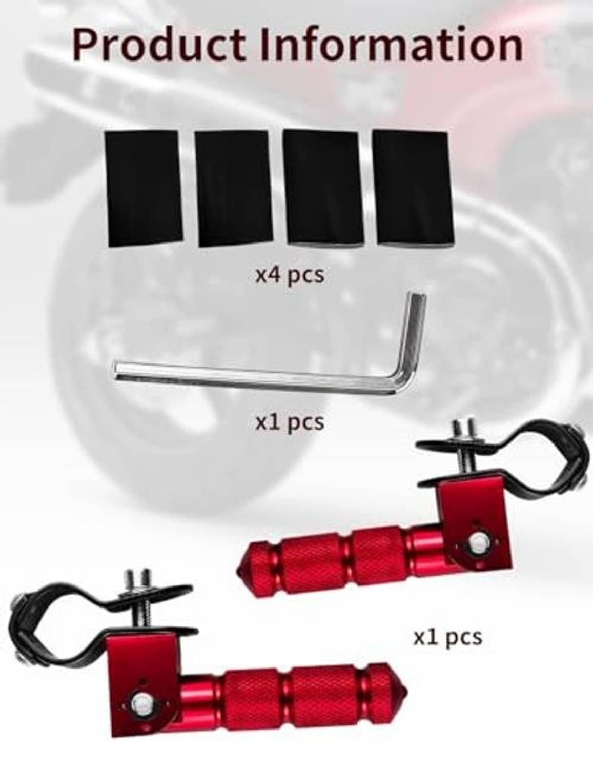 Red folding rear footpegs kit with black bracket straps and L-shaped metal rod parts