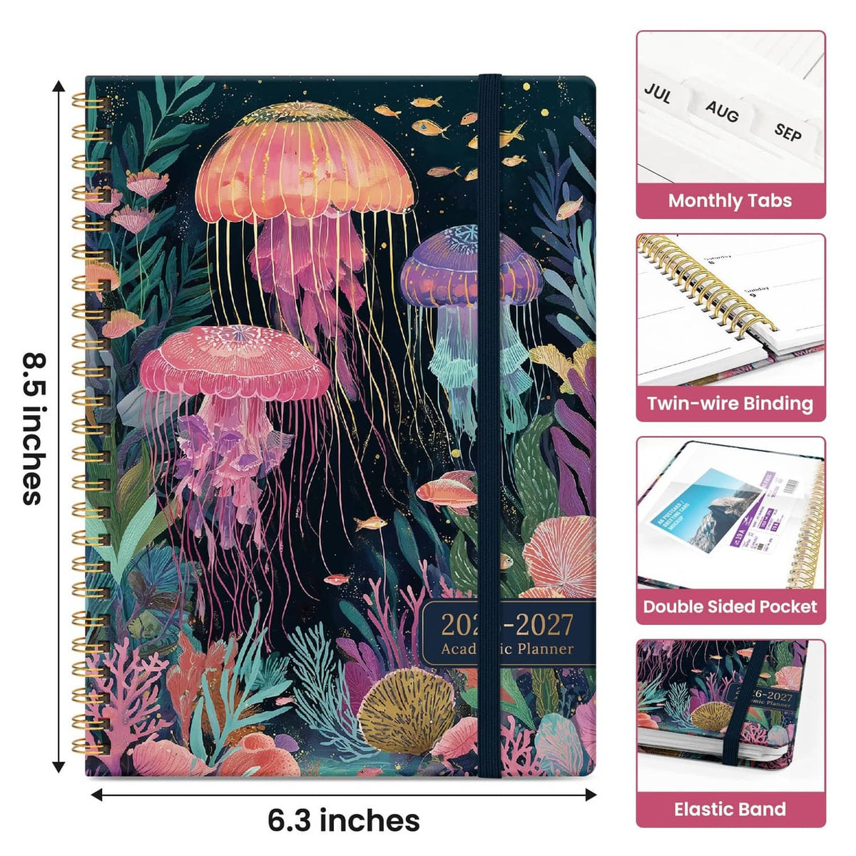 Academic planner cover with jellyfish art, labeled 6.3 x 8.5 and double-sided pocket