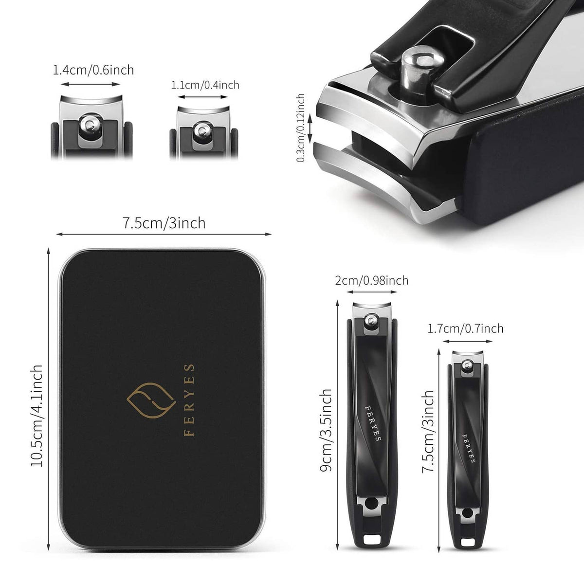 Black nail clipper set with silver heads, plus a black storage case (dimensions shown)