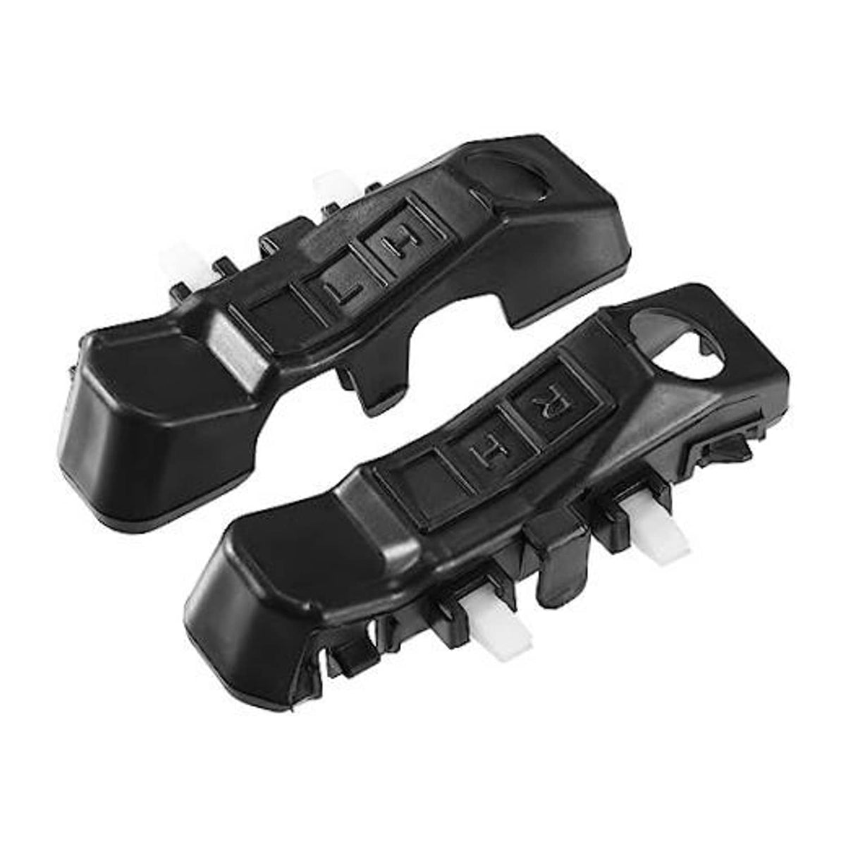 Pair of black front bumper mounting support brackets, left and right, with mounting holes