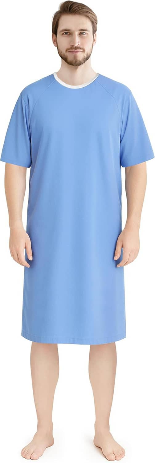 Men's patient hospital gown, light blue short-sleeve crew neck, knee-length front view